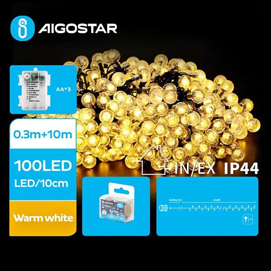 Aigostar - LED Outdoor Christmas chain 100xLED/3xAA/8 functions 10,3 m IP44 warm white