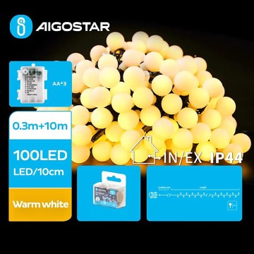 Aigostar - LED Outdoor Christmas chain 100xLED/3xAA/8 functions 10,3 m IP44 warm white