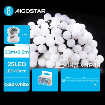 Aigostar - LED Outdoor Christmas chain 25xLED/3xAA/8 functions 2,8 m IP44 cool white