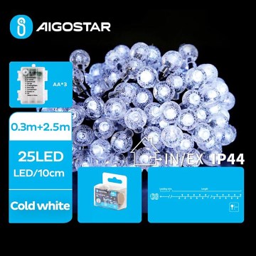 Aigostar - LED Outdoor Christmas chain 25xLED/3xAA/8 functions 2,8 m IP44 cool white