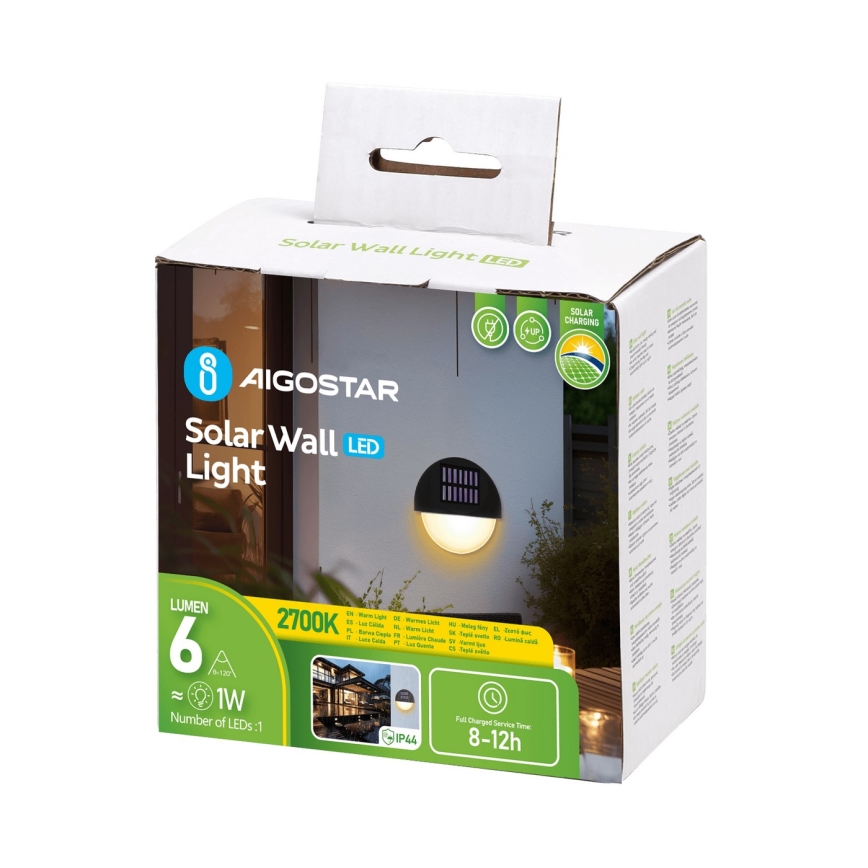 Aigostar - LED Solar wall light LED/1W/1,2V black 2700K IP44