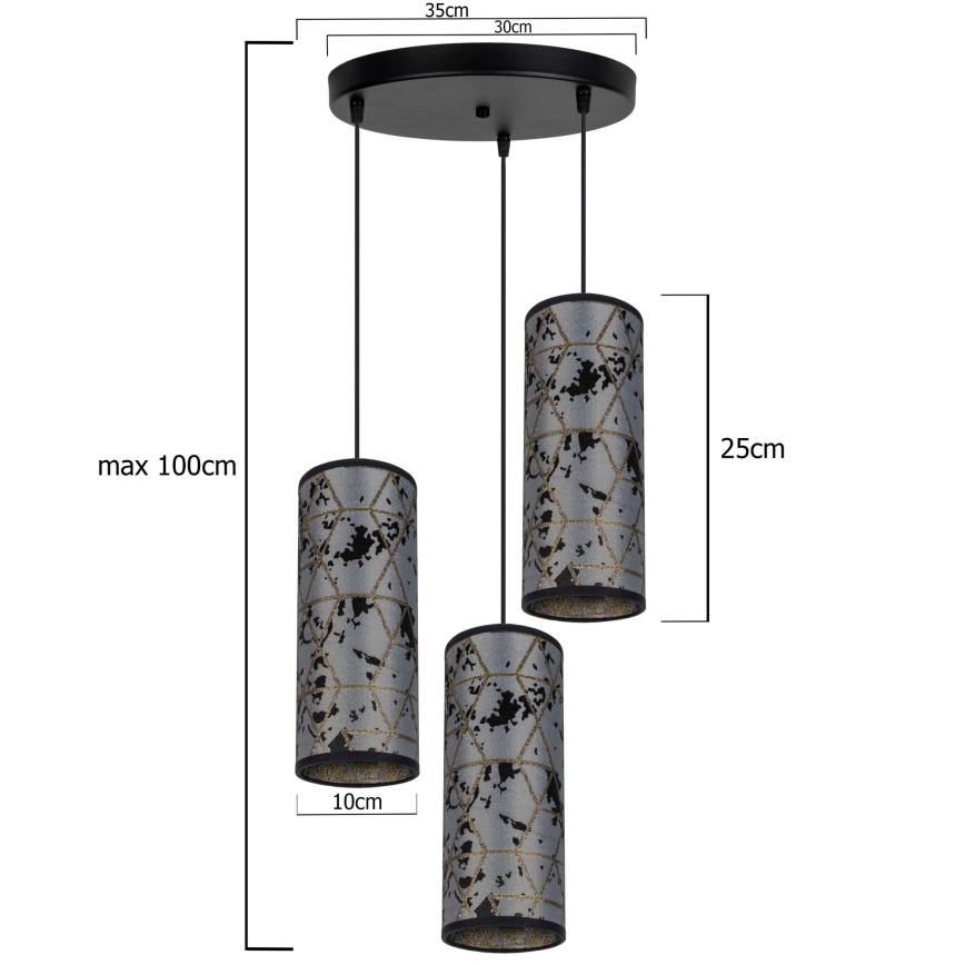 Chandelier on a string AVALO 3xE27/60W/230V d. 35 cm grey/black