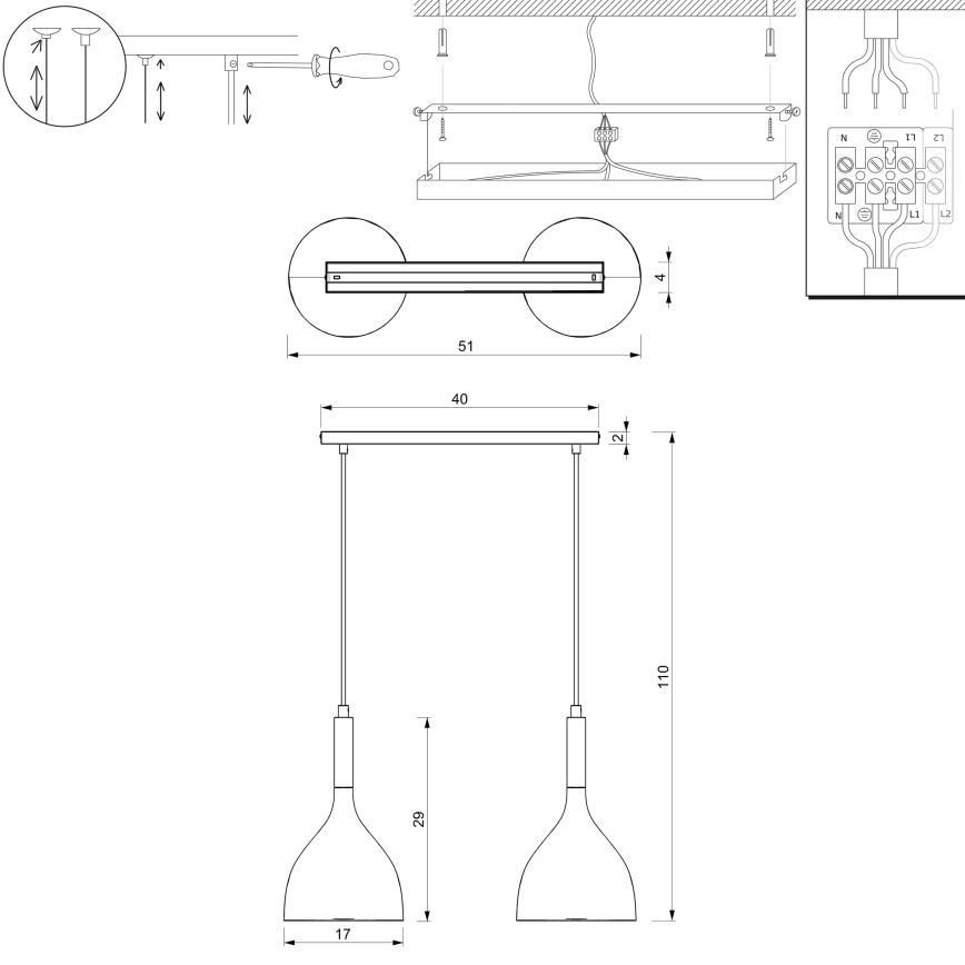 Chandelier on a string NOAK WOOD 2xE27/60W/230V