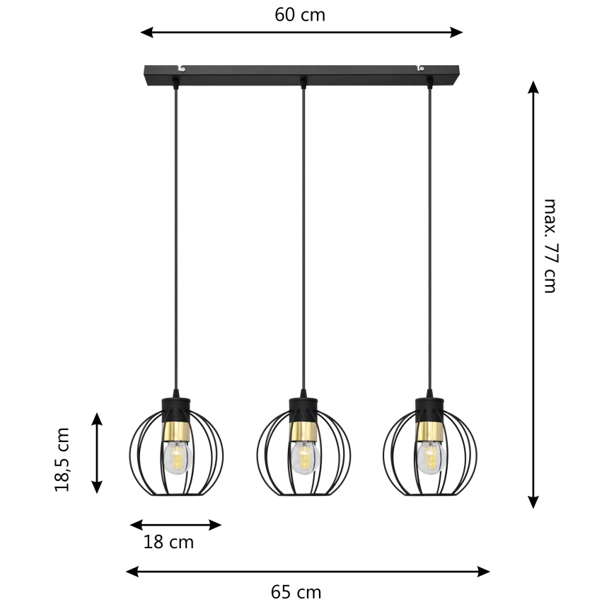 Chandelier on a string STARLIGHT 3xE27/60W/230V black/gold