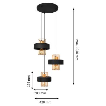 Chandelier on a string VOLTA 3xE27/60W/230V black/gold