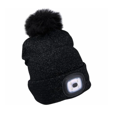 Extol - Hat with a headlamp and USB charging 300 mAh black with pompom size UNI