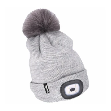 Extol - Hat with a headlamp and USB charging 300 mAh grey with pompom size UNI