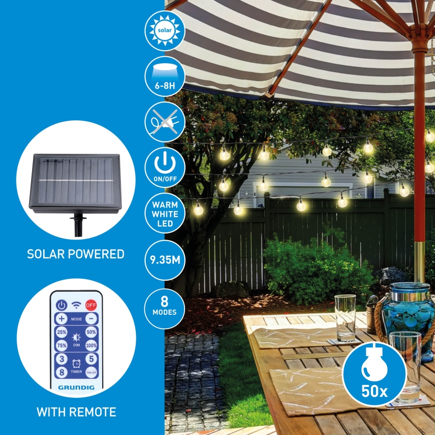 Grundig - LED Dimmable solar chain 50xLED/8 functions 9,35m warm white + remote control