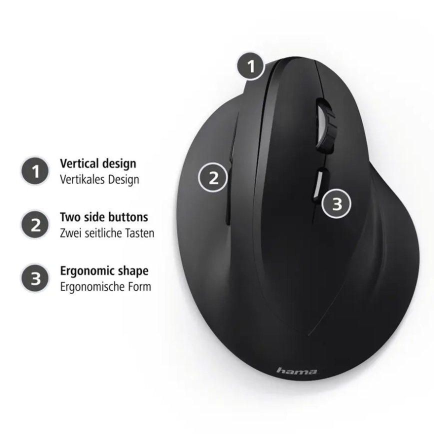 Hama - Ergonomic wired mouse 1000/1400/1800 DPI black