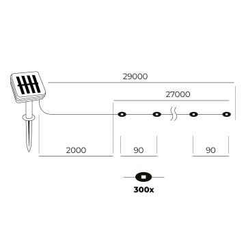 LED - Solar chain 300xLED/0,12W/1,2V 1xAA 27 m IP44 3000K