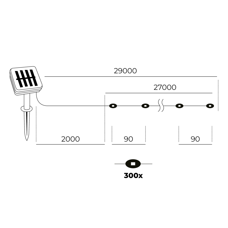 LED - Solar chain 300xLED/0,12W/1,2V 1xAA 27 m IP44 3000K