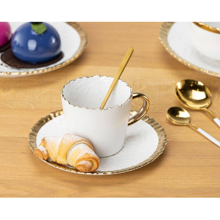 Mug with saucer and spoon VALIA creamy/gold