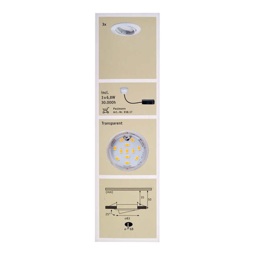 Paulmann 92765 - SET 3x LED suspended ceiling light COIN 3xLED/6,8W/230V white