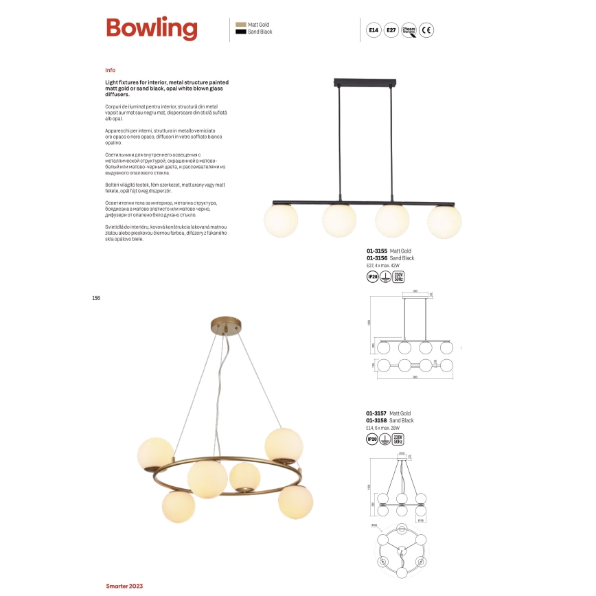 Redo 01-3155 - Chandelier on a string BOWLING 4xE27/42W/230V gold