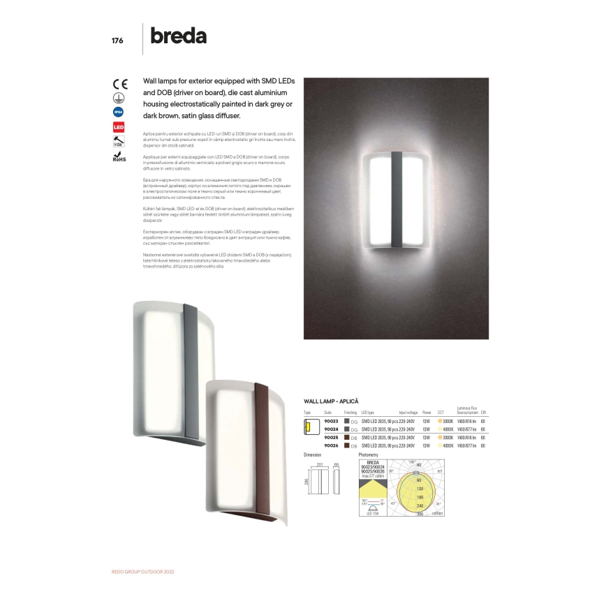 Redo 90023 - Outdoor LED wall light BREDA 1xLED/12W/230V IP54