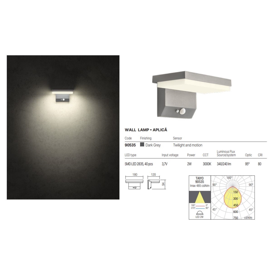 Redo 90535 - LED Solar wall light with sensor TAIYO LED/2W/3,7V 3000K IP54 anthracite