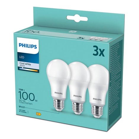 SET 3x LED Bulb Philips A60 E27/13W/230V 4000K