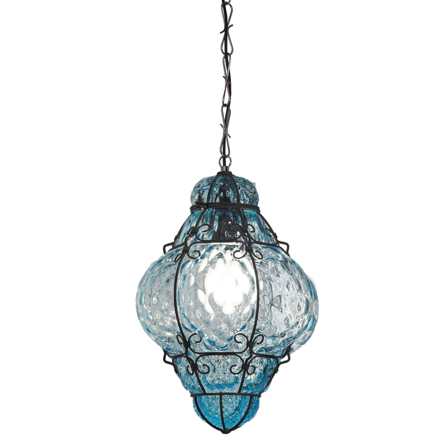 SIRU- Chandelier on a chain CLASSIC 1xE27/60W/230V d. 30 cm blue/black Venetian glass