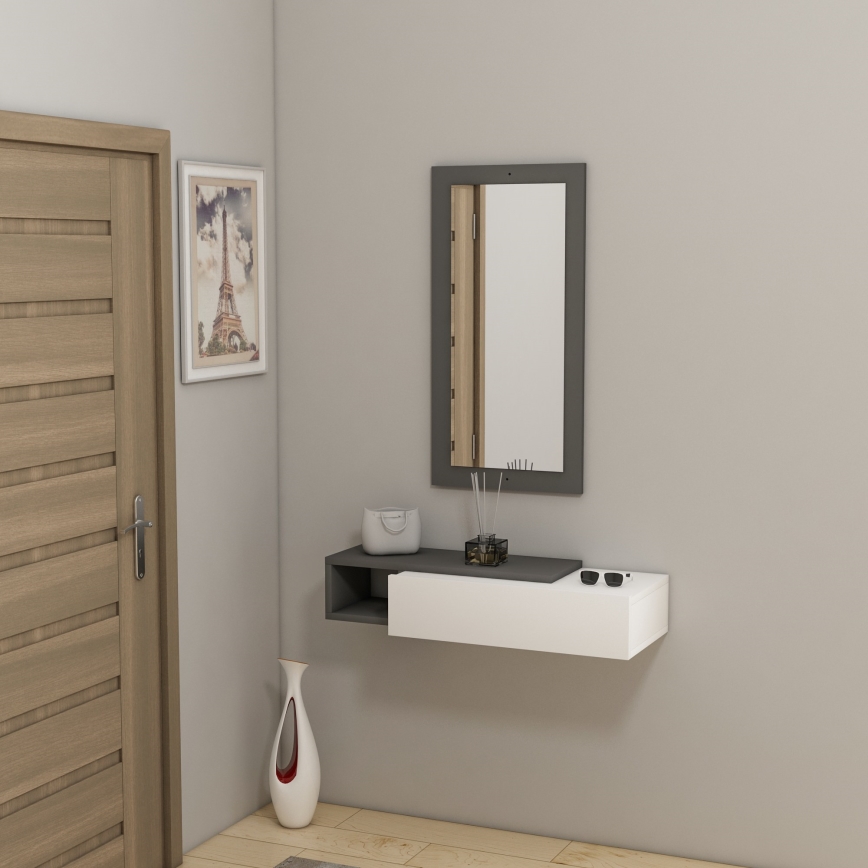 Wall shelf + wall mirror VIEN white/anthracite