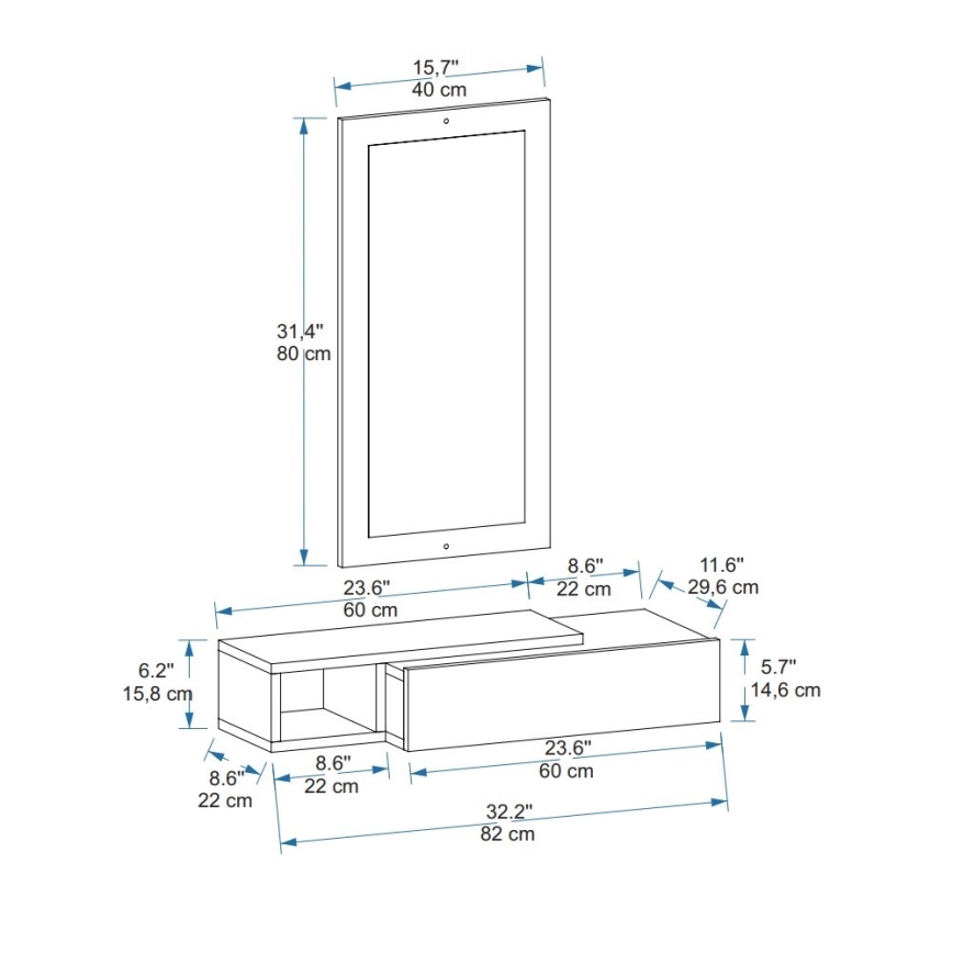 Wall shelf + wall mirror VIEN white/pine atlantic